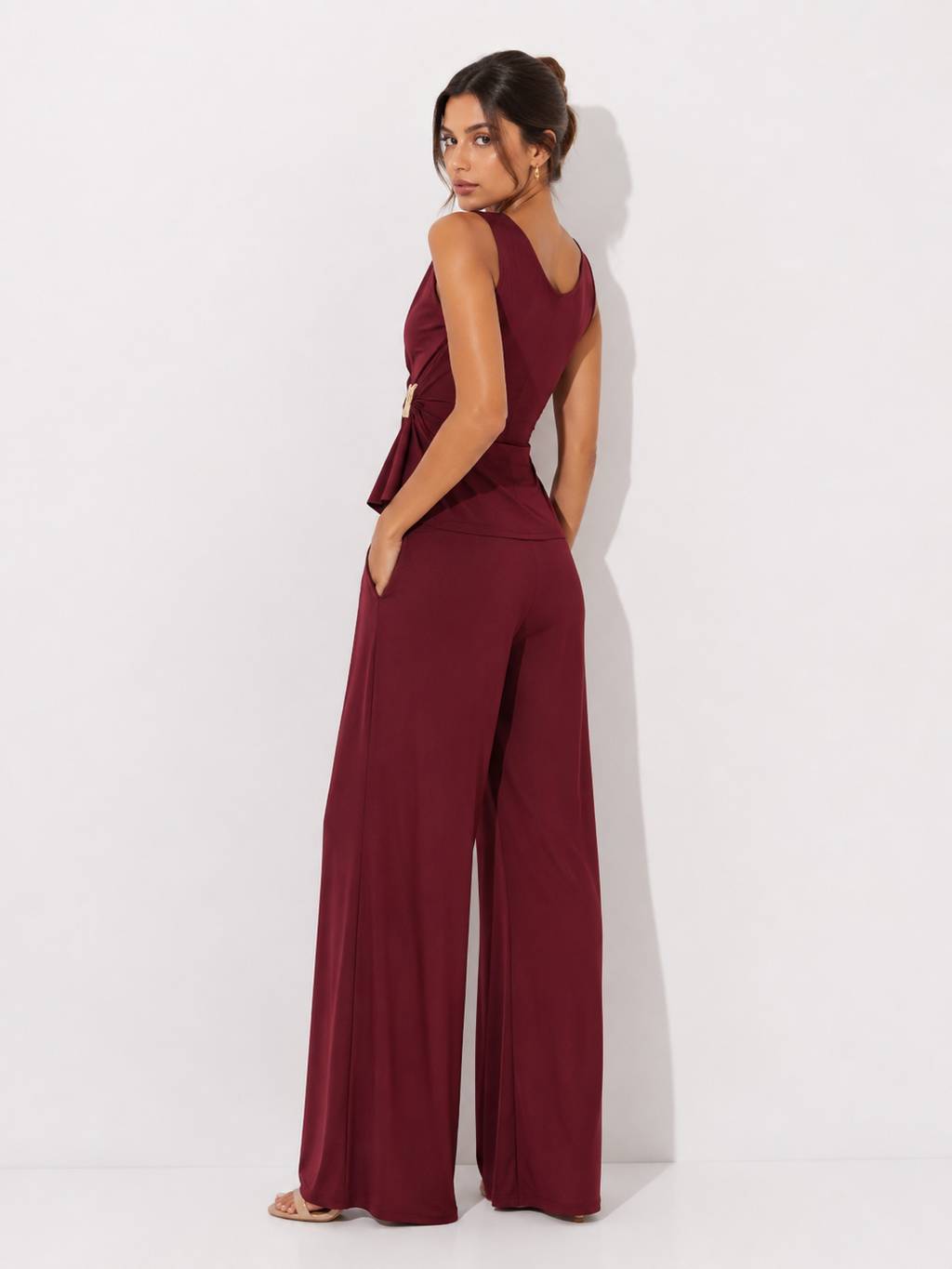 Draped Sleeveless Top and Wide-Leg Trouser Set