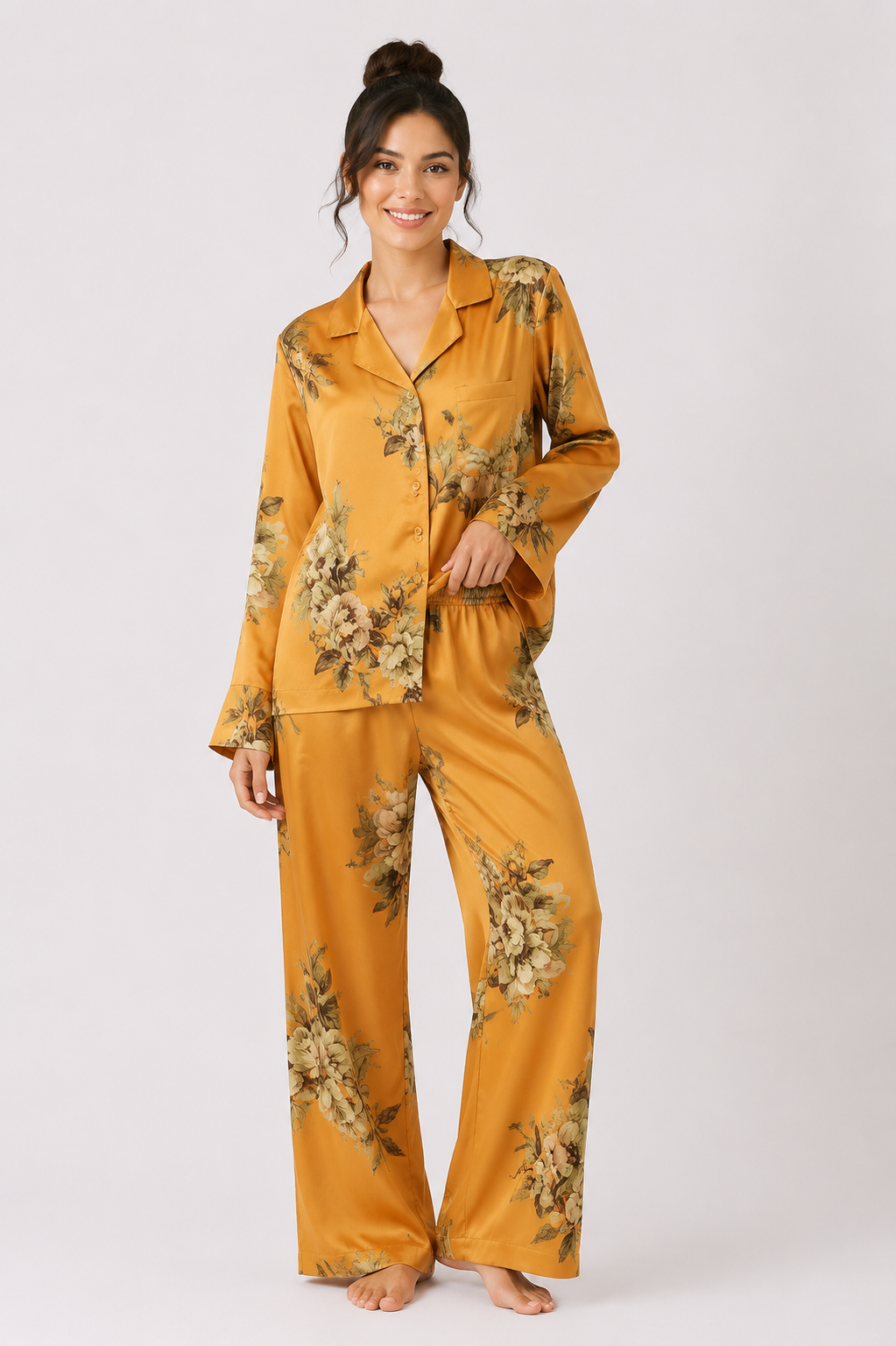 Women’s Satin-Feel Pyjama Set – Button-Through Long Sleeve Shirt & Full-Length Trousers