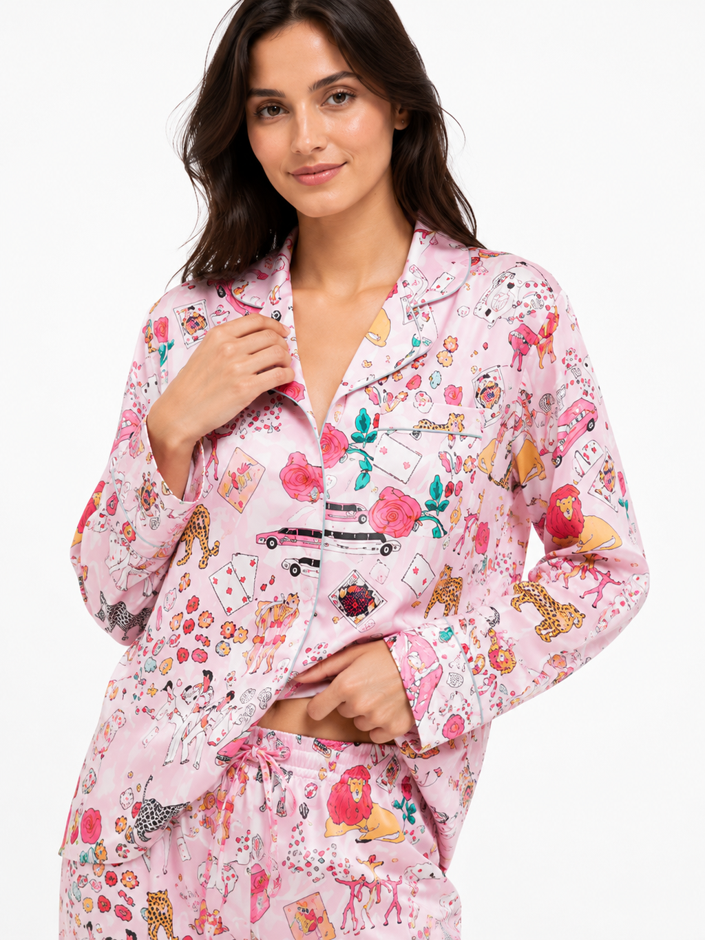 Women’s Floral Pyjama Set – Button-Through Long Sleeve Shirt & Wide-Leg Trousers