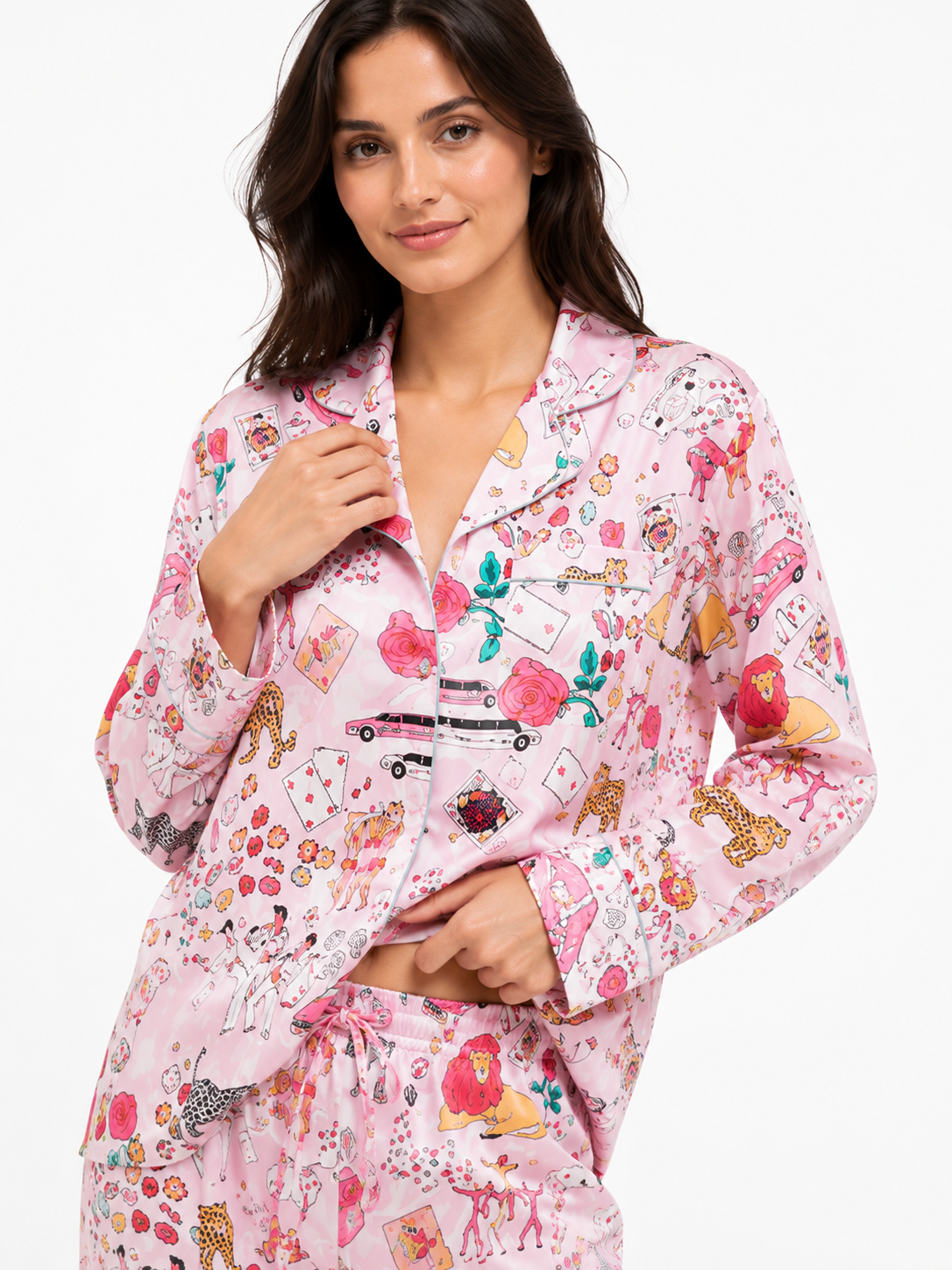 Women’s Floral Pyjama Set – Button-Through Long Sleeve Shirt & Wide-Leg Trousers