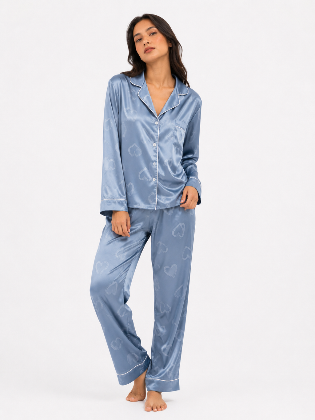 Women’s Pyjama Set – Button-Through Long Sleeve Shirt & Full-Length Trousers