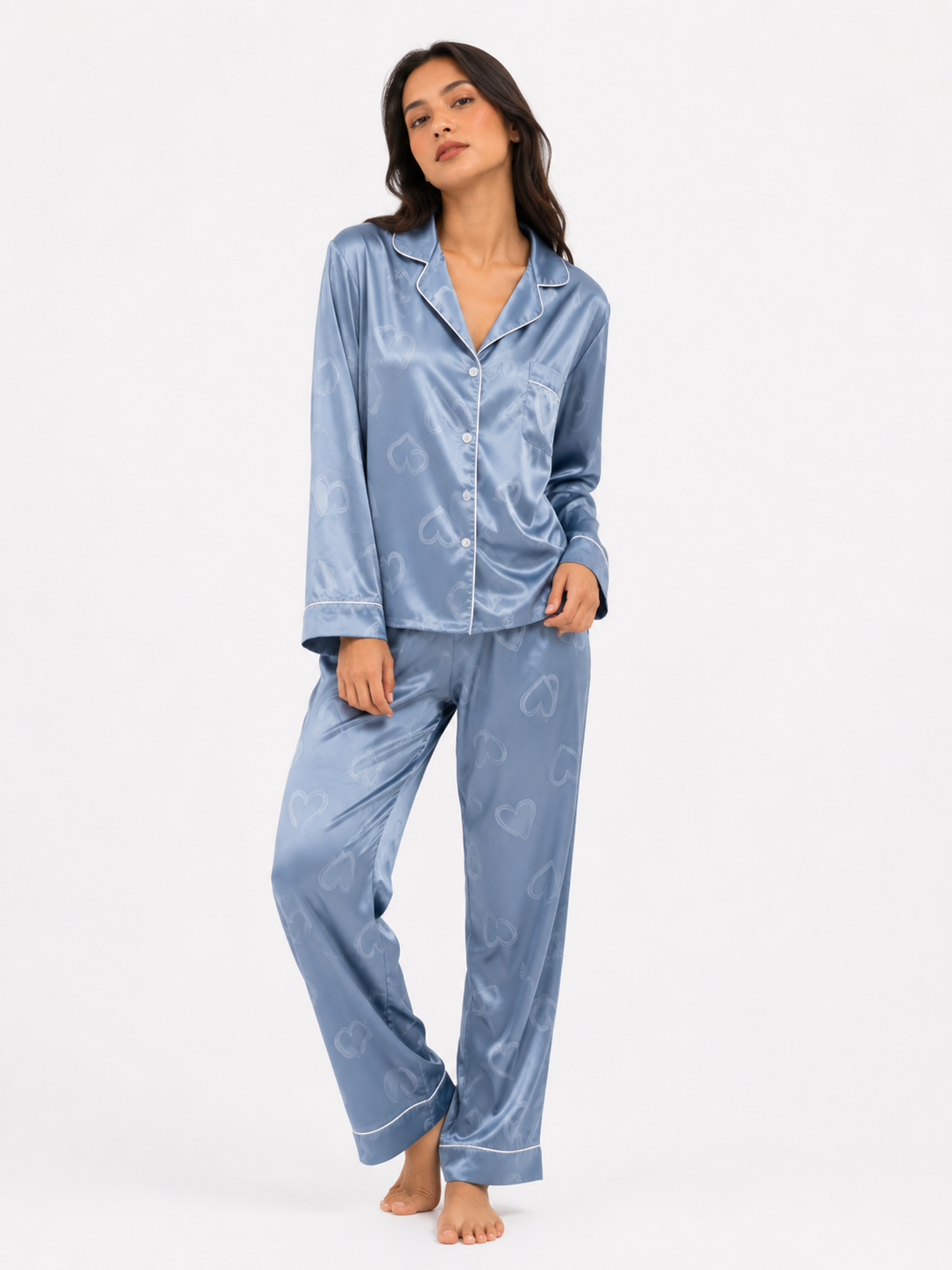 Women’s Pyjama Set – Button-Through Long Sleeve Shirt & Full-Length Trousers