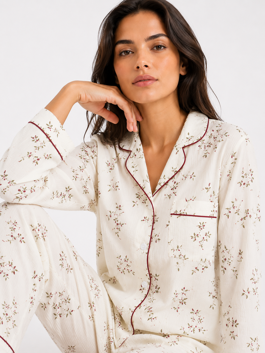 Women’s Pyjama Set – 100% Cotton Crêpe, Long Sleeve Cardigan Top & Trousers.