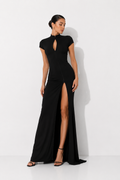 Mandarin-Collar Keyhole Maxi Dress with Thigh-High Split