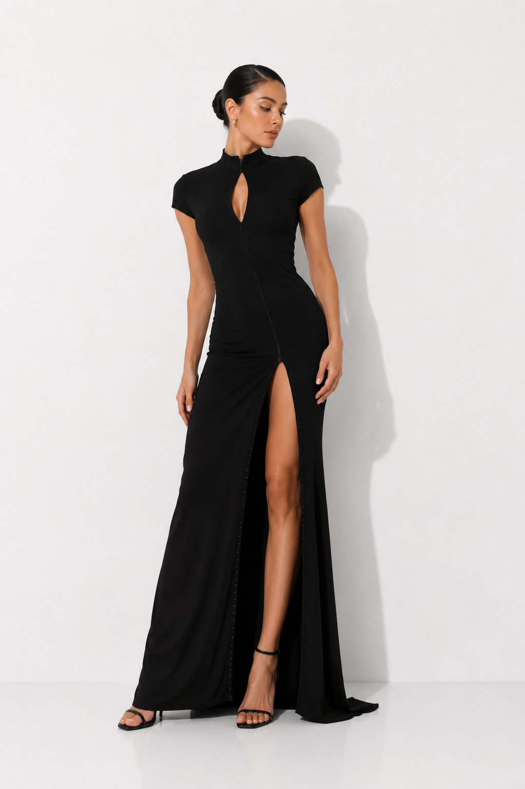 Mandarin-Collar Keyhole Maxi Dress with Thigh-High Split