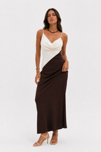 Two-tone V-neck midi dress with straight skirt