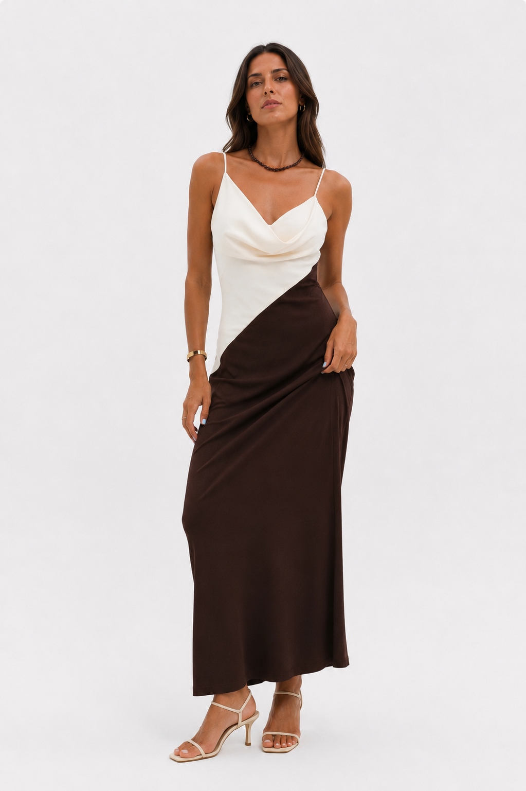 Two-tone V-neck midi dress with straight skirt