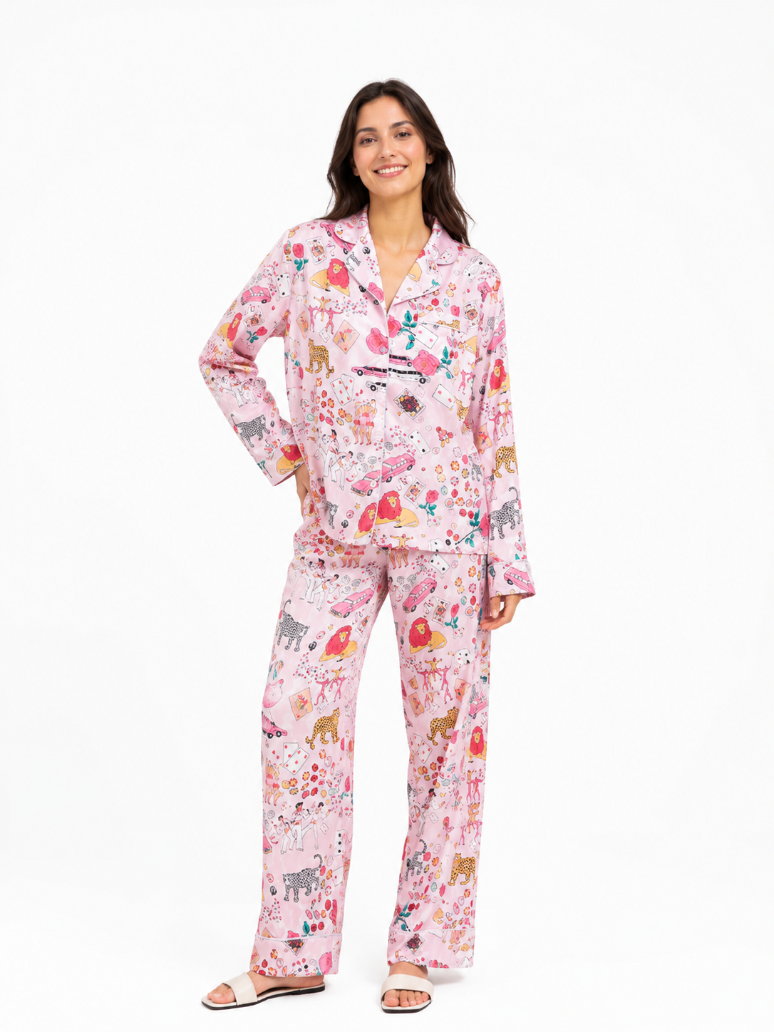 Women’s Floral Pyjama Set – Button-Through Long Sleeve Shirt & Wide-Leg Trousers