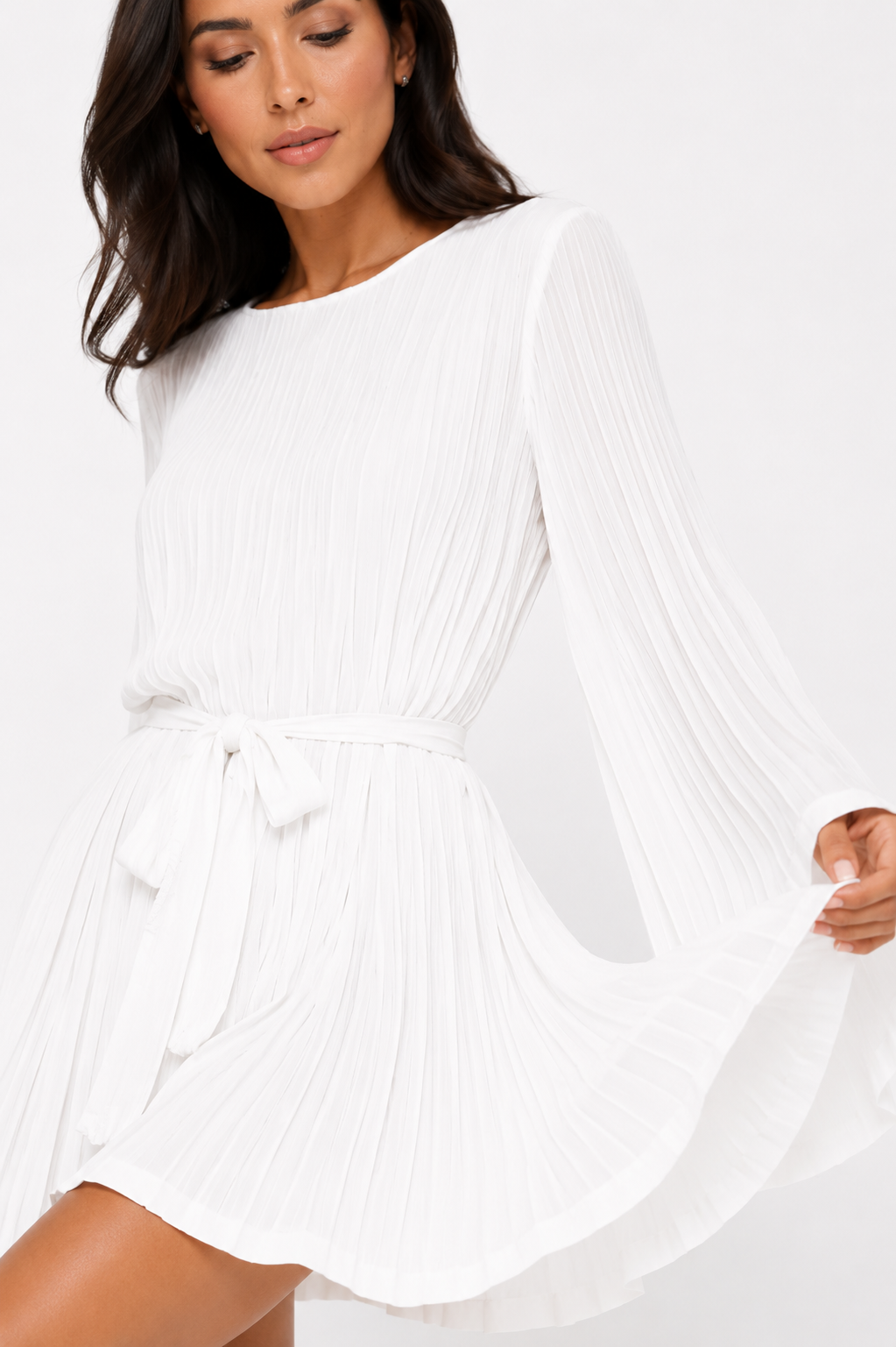 Pleated Mini Dress with Cape Sleeves