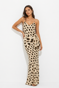 Polka Dot Cami Maxi Dress with Ruffle Trim and Asymmetric Drape