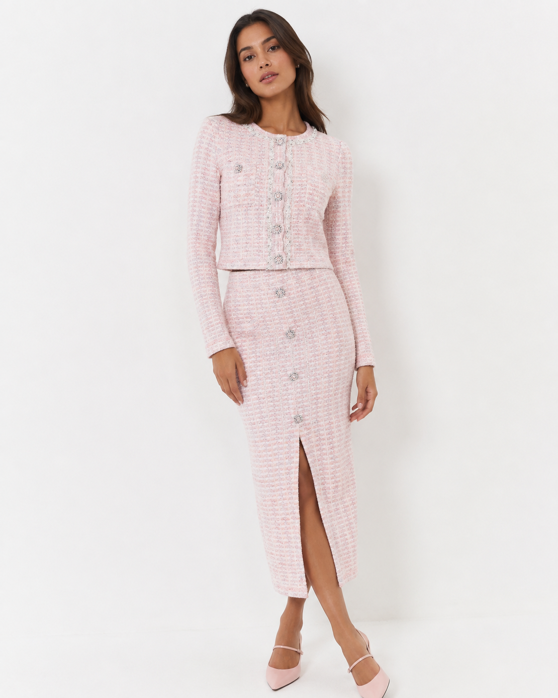 Bouclé Knit Cardigan & Midi Skirt Co-Ord Set