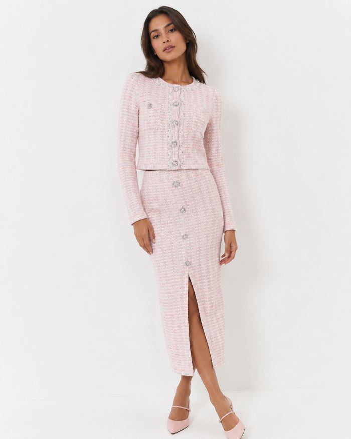 Bouclé Knit Cardigan & Midi Skirt Co-Ord Set