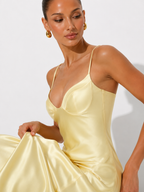 Solid Color Satin Bustier Women Maxi Dress Fashion Yellow Spaghetti Strap V Neck Waist-cinching Dresses 2026 New Party Vestidos
