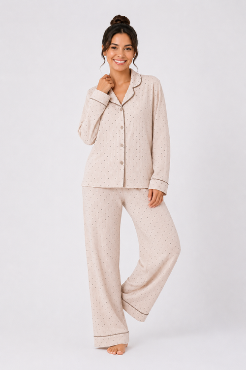 Button-through pyjama set with long-sleeve shirt and straight-leg trousers