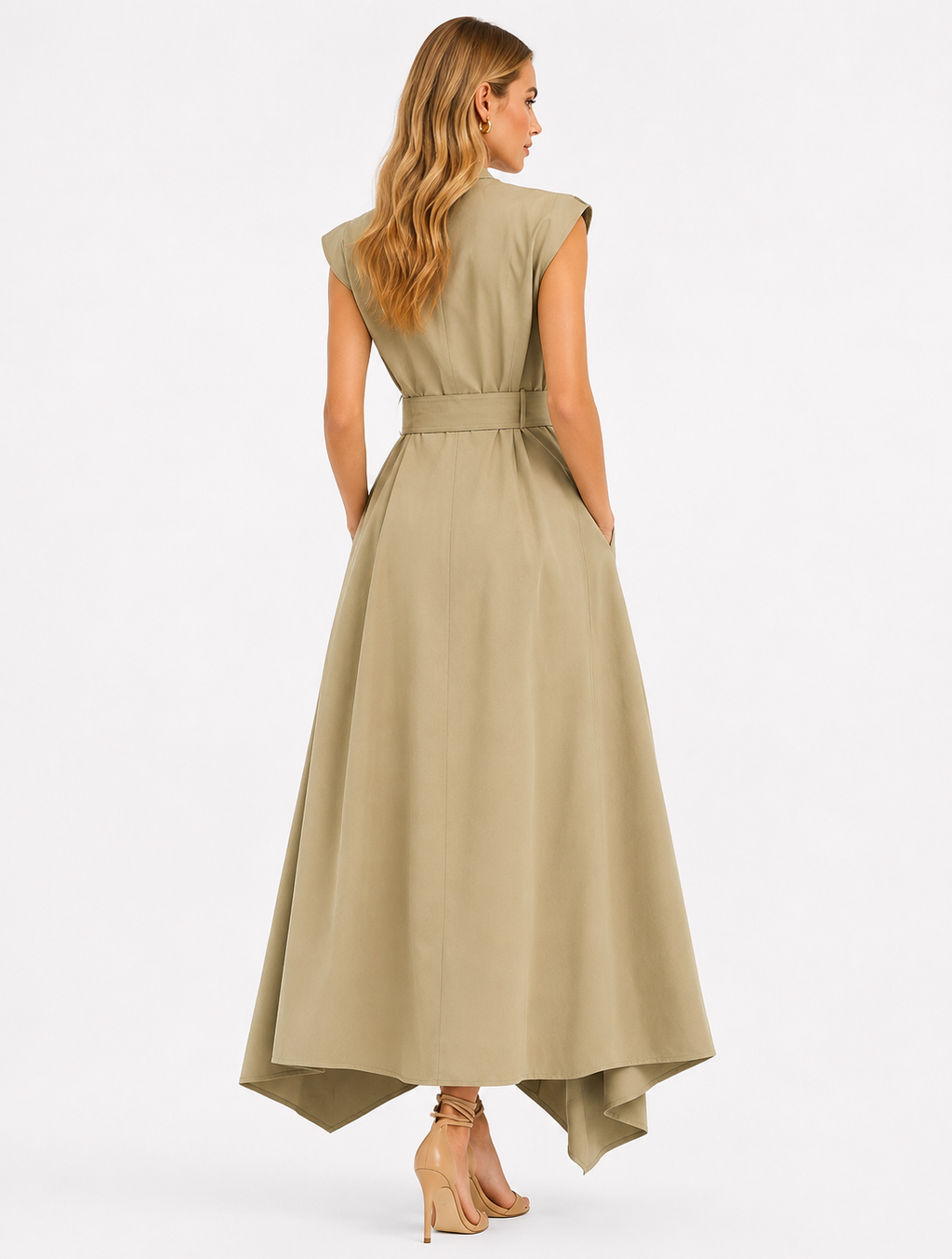 Double-Breasted Trench-Inspired Maxi Dress with Structured Shoulder Caps