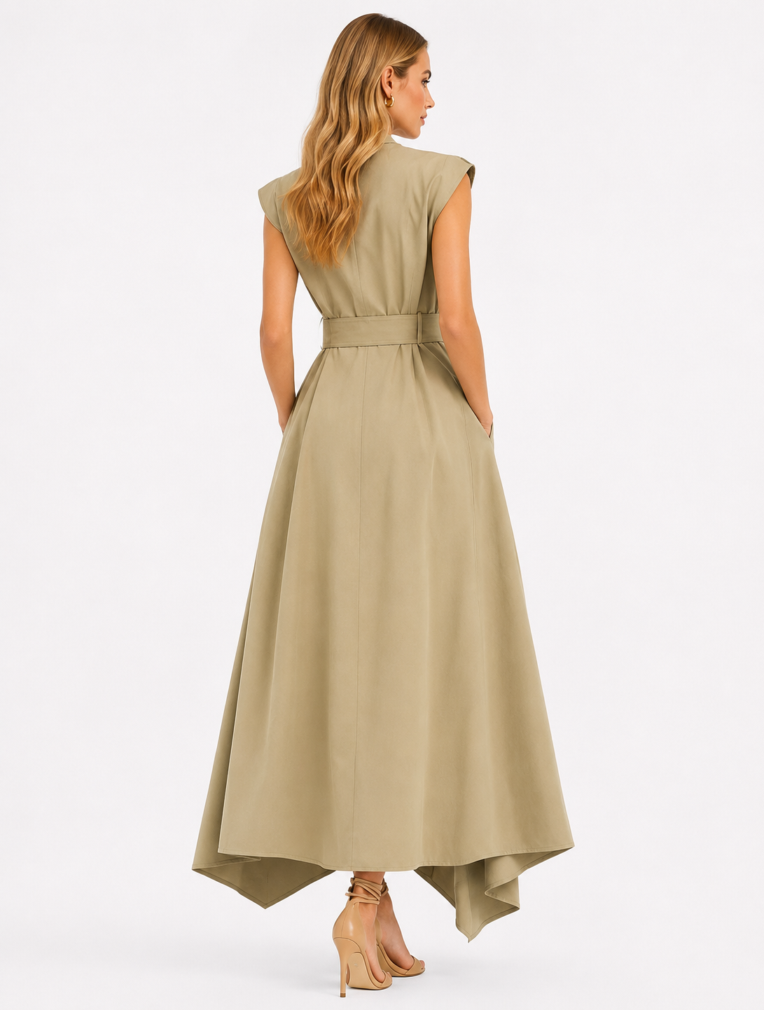 Double-Breasted Trench-Inspired Maxi Dress with Structured Shoulder Caps