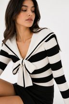 Ribbed Knit Sailor-Collar Blouse with Statement Bow