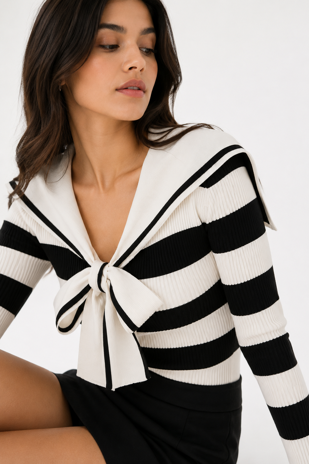 Ribbed Knit Sailor-Collar Blouse with Statement Bow