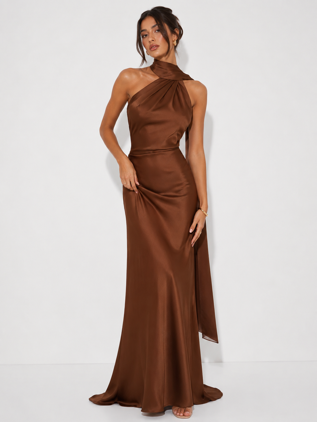 Draped halter dress with train