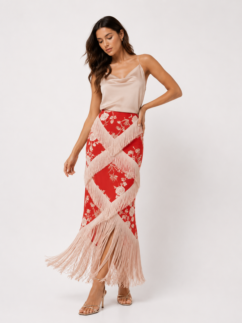 Vintage Printed Tassel Skirt Set Ruffle V Neck Sleeveless Backless Top Skirts Summer Women's Suit New Evening Elegant Outfit
