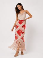 Vintage Printed Tassel Skirt Set Ruffle V Neck Sleeveless Backless Top Skirts Summer Women's Suit New Evening Elegant Outfit