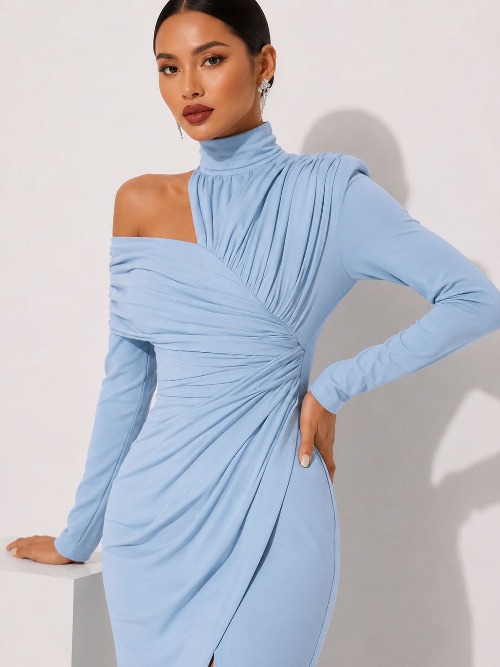 High-Neck Draped Midi Dress
