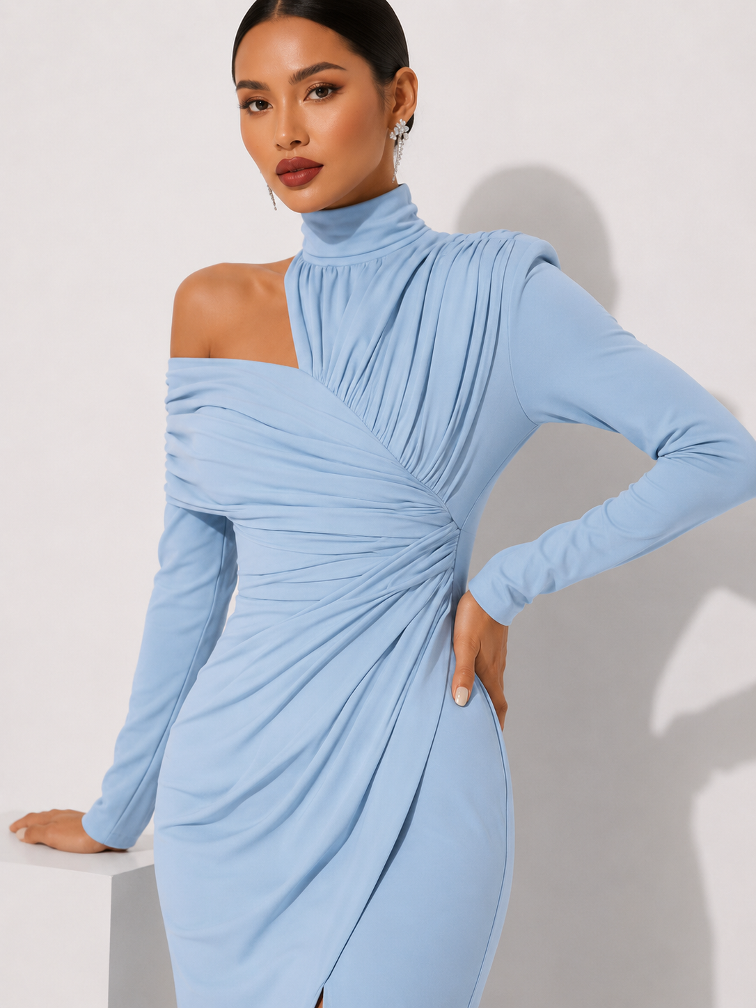 High-Neck Draped Midi Dress