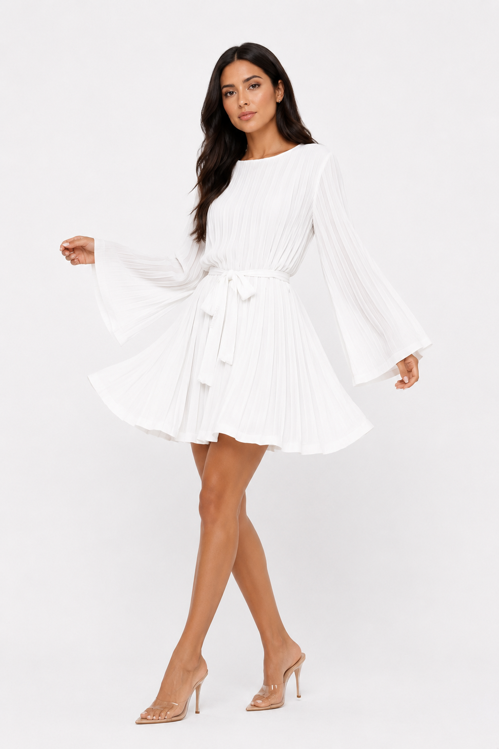 Pleated Mini Dress with Cape Sleeves