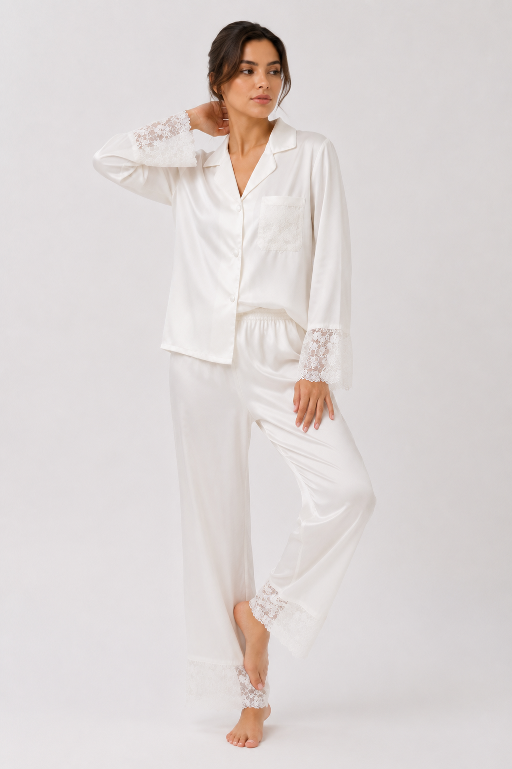 Satin-look pyjama set with button-through shirt and lace-trim trousers