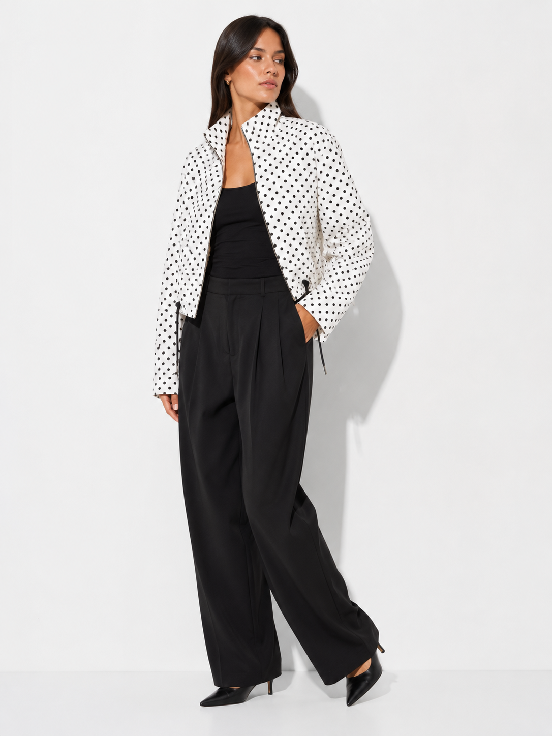 High-Neck Cropped Bomber Jacket with Adjustable Drawstring