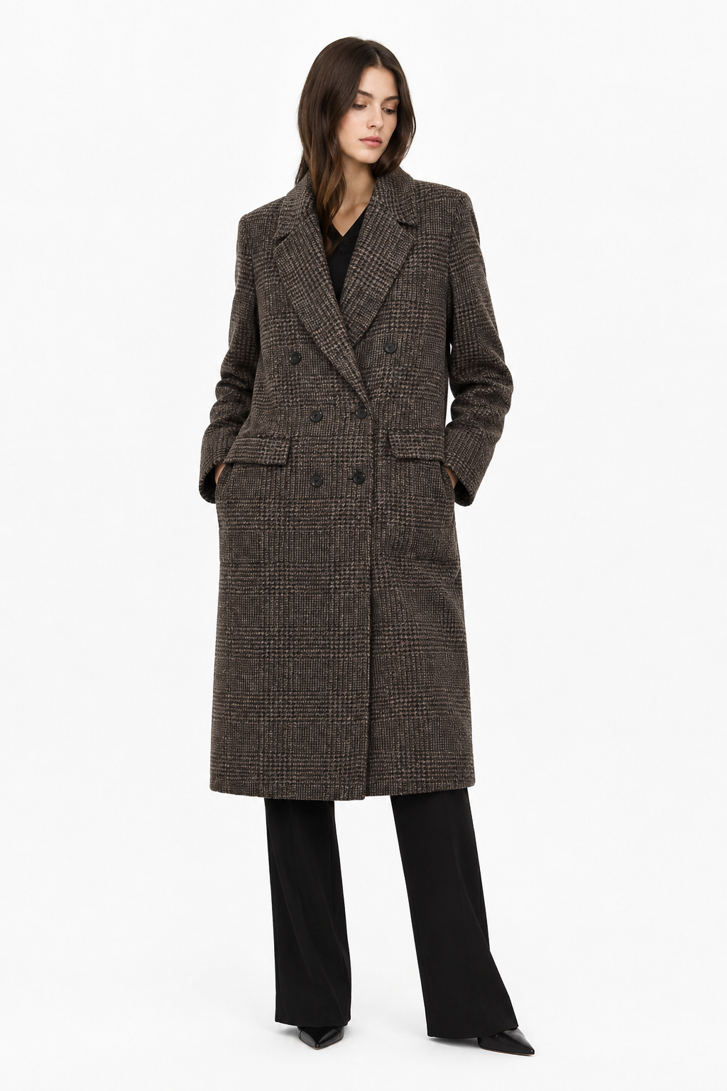 Checked Double-Breasted Longline Coat