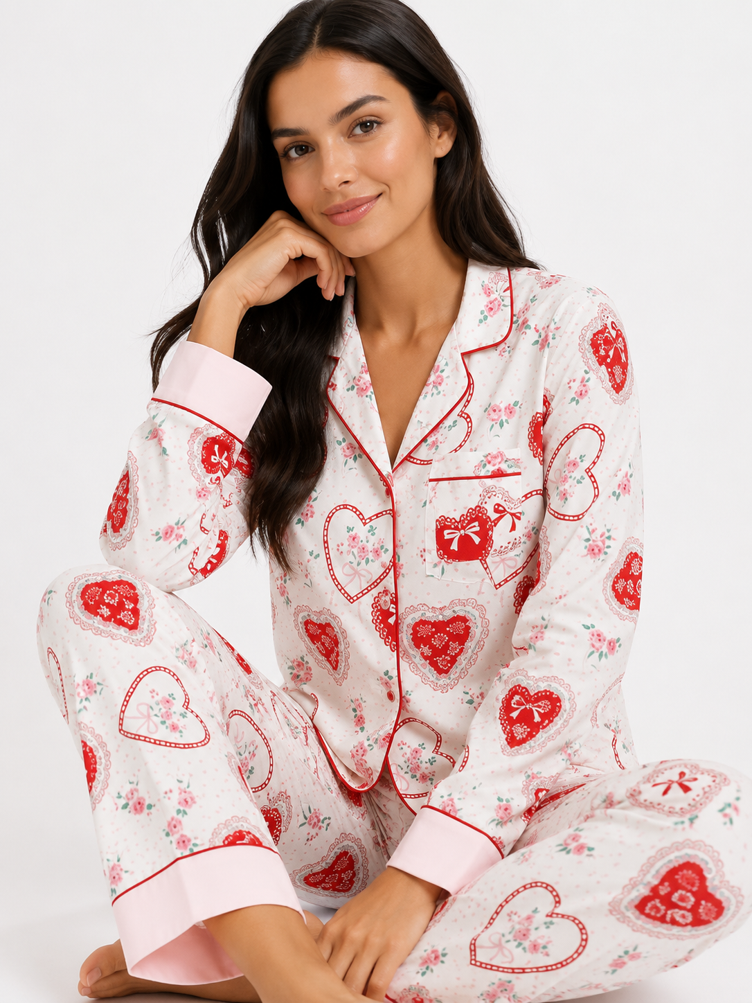 Women’s Pyjama Set – Button-Through Long Sleeve Shirt & Full-Length Trousers