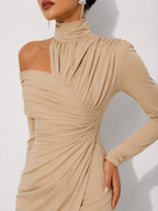 High-Neck Draped Midi Dress