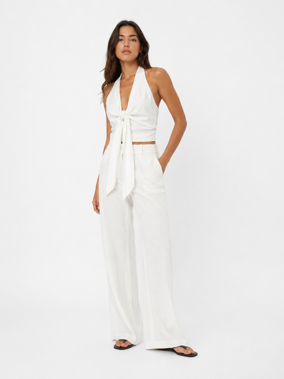 MUJER White Baggy Pants for Women 2 Pieces High Waist Woman Trousers Suits Wide Leg Women's Pants Sets off Shoulder Crop Top