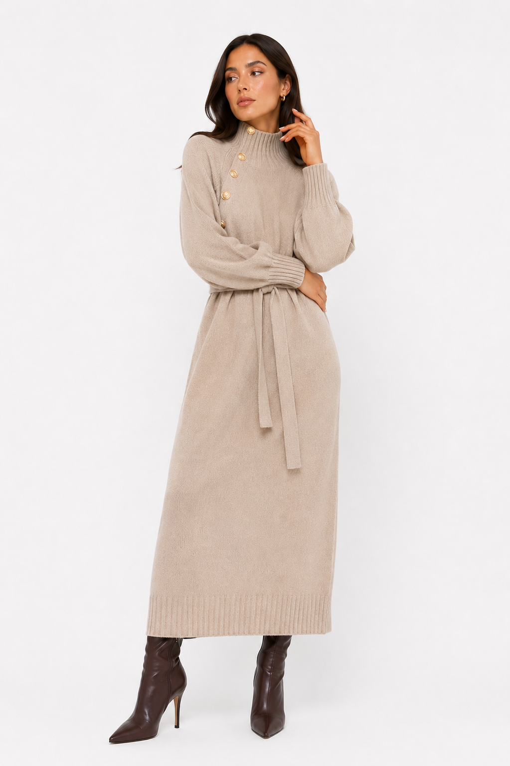 Eleanor Midi Dress (High Neck + Tie Belt)