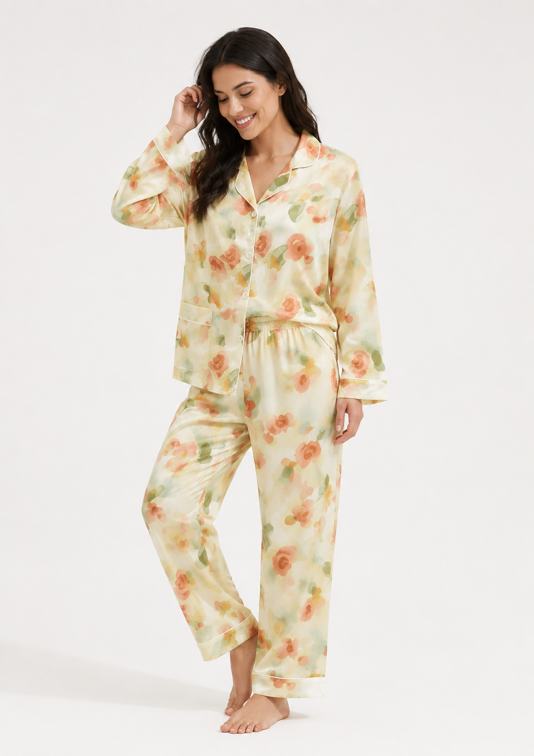 Women’s Pyjama Set – Button-Through Long Sleeve Shirt & Full-Length Trousers