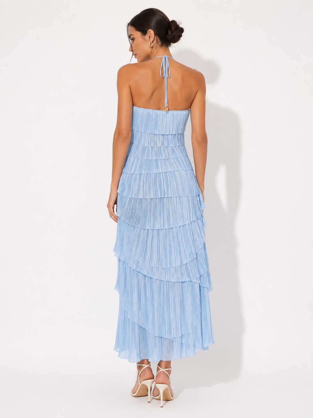 Pleated Tiered Halterneck Maxi Dress