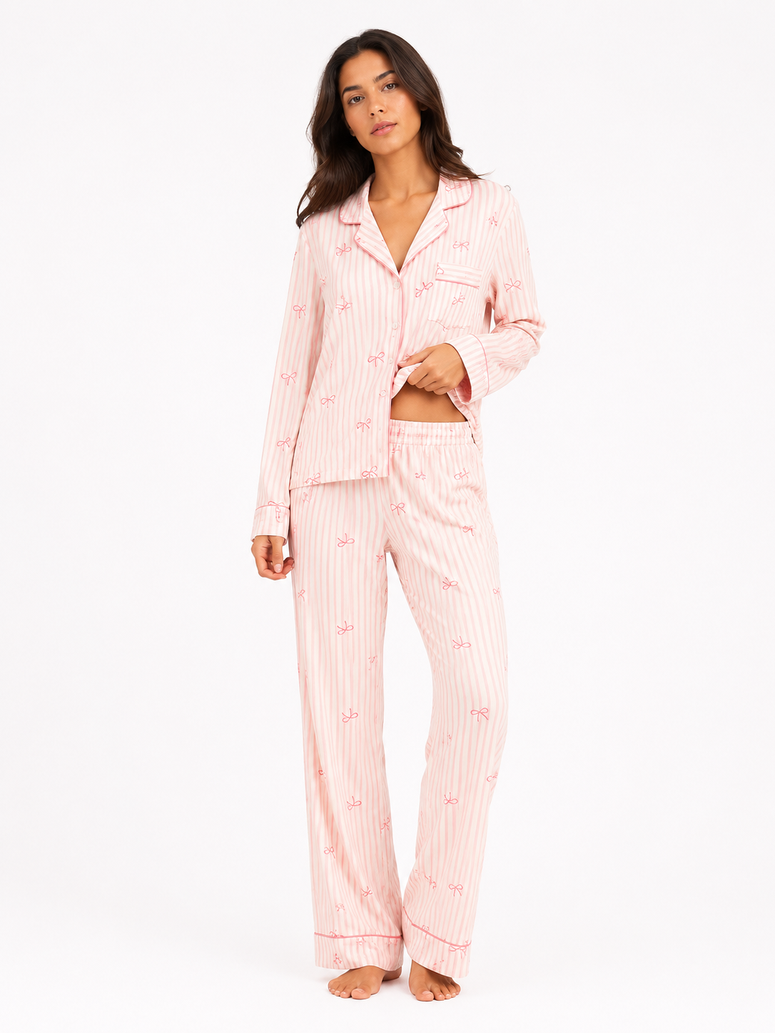 Women’s Button-Through Pyjama Set – Long Sleeve Shirt & Full-Length Trousers