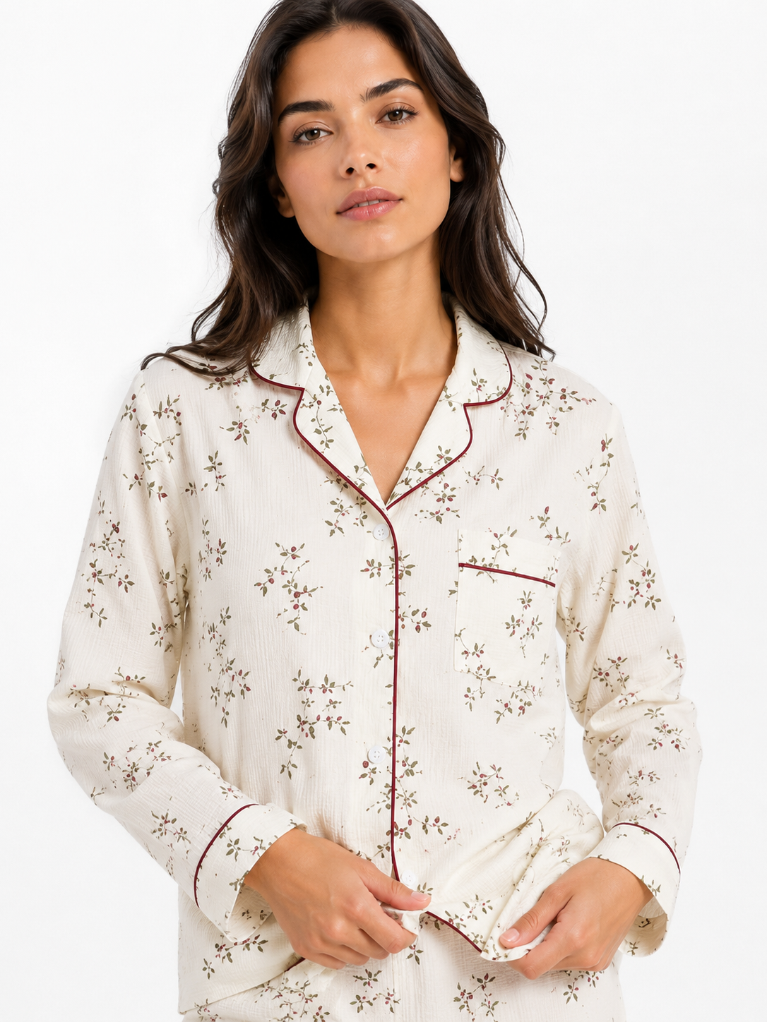 Women’s Pyjama Set – 100% Cotton Crêpe, Long Sleeve Cardigan Top & Trousers.