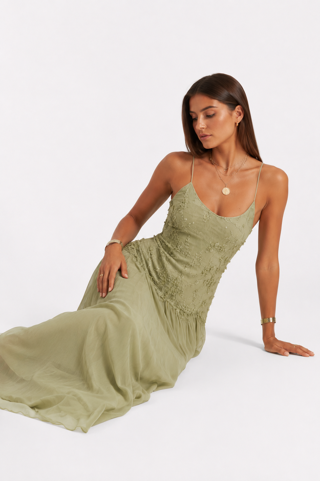 Embroidered Cami Maxi Dress with Pleated Drop Waist