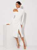High-Neck Draped Midi Dress