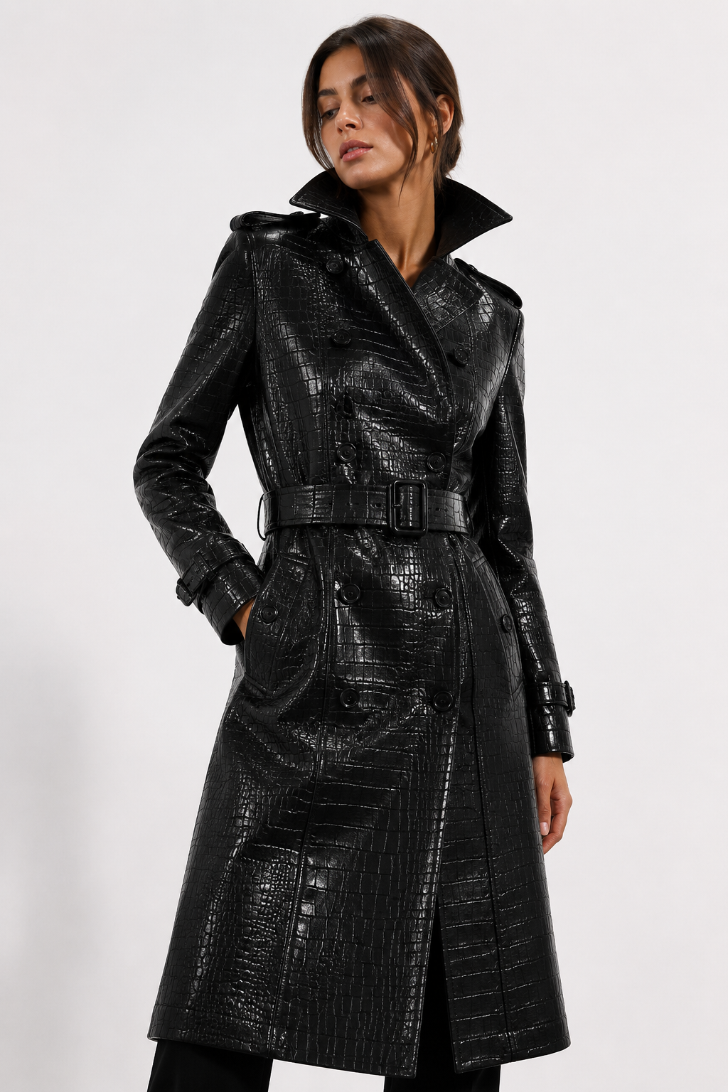 Structured Croc-Effect Trench Coat