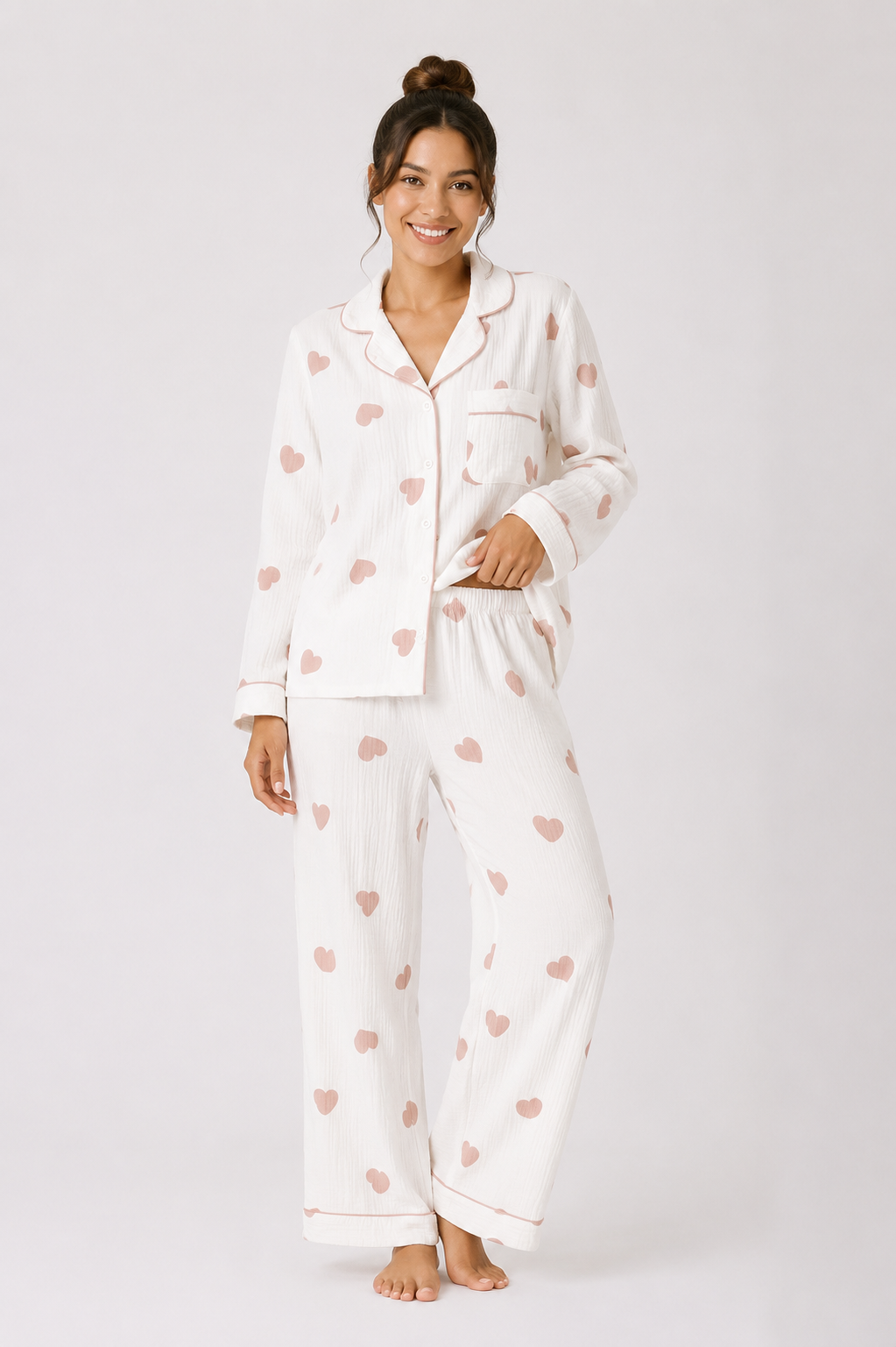 Button-through pyjama set with long-sleeve shirt and straight-leg trousers
