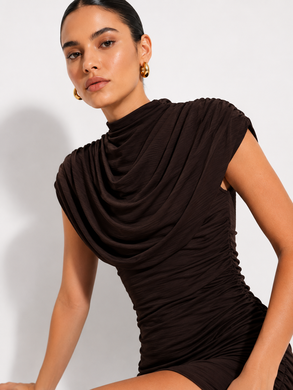 Draped High-Neck Ruched Mini Dress