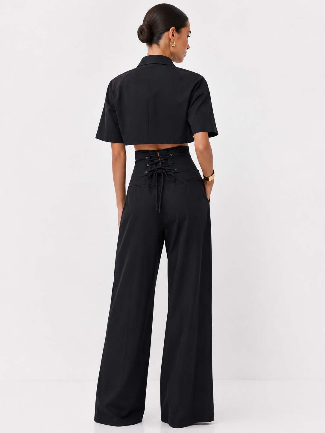 Buttoned Short-Sleeve Shirt and Wide-Leg Trousers Co-Ord Set
