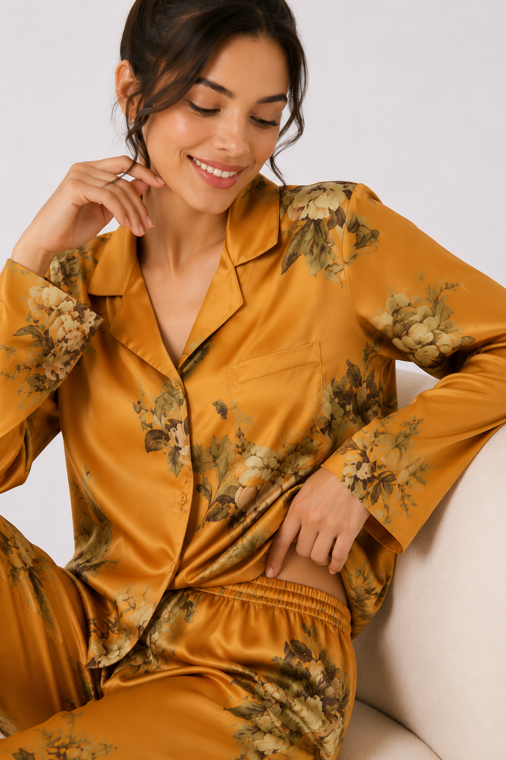 Women’s Satin-Feel Pyjama Set – Button-Through Long Sleeve Shirt & Full-Length Trousers