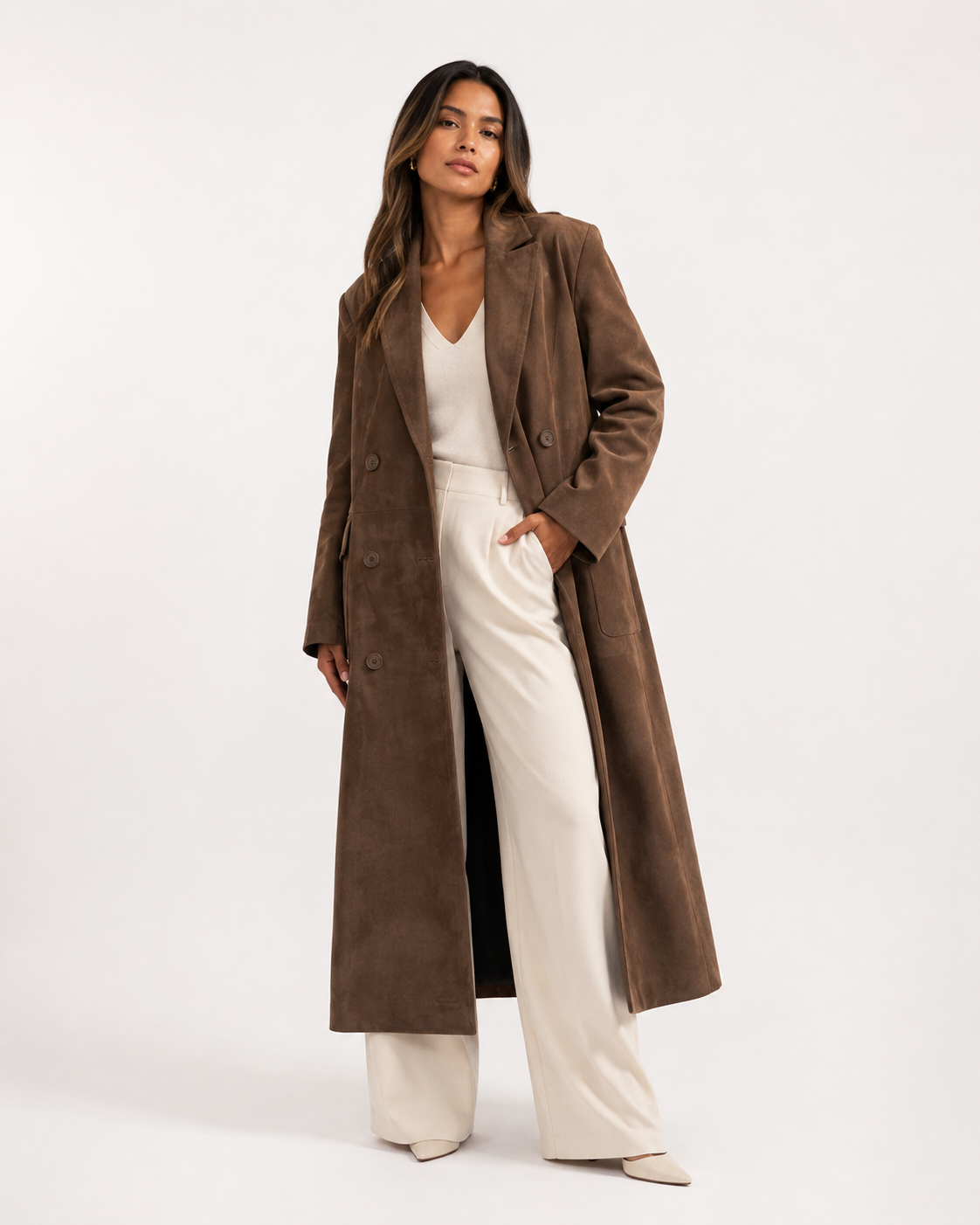 Suede-Effect Longline Trench Coat
