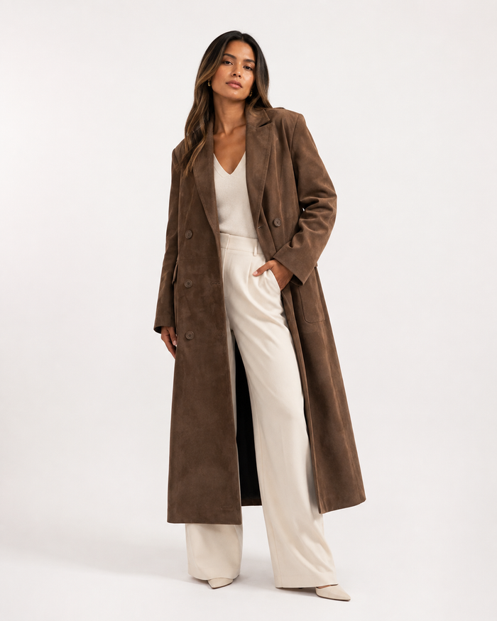 Suede-Effect Longline Trench Coat