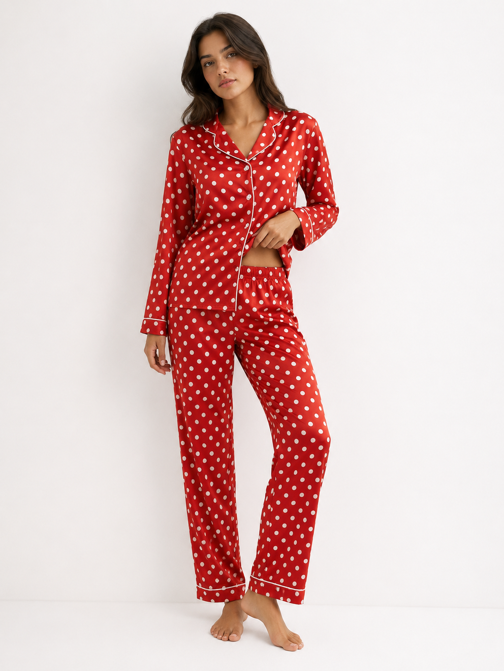 Women’s Printed Pyjama Set – Button-Through Long Sleeve Top & Wide-Leg Trousers