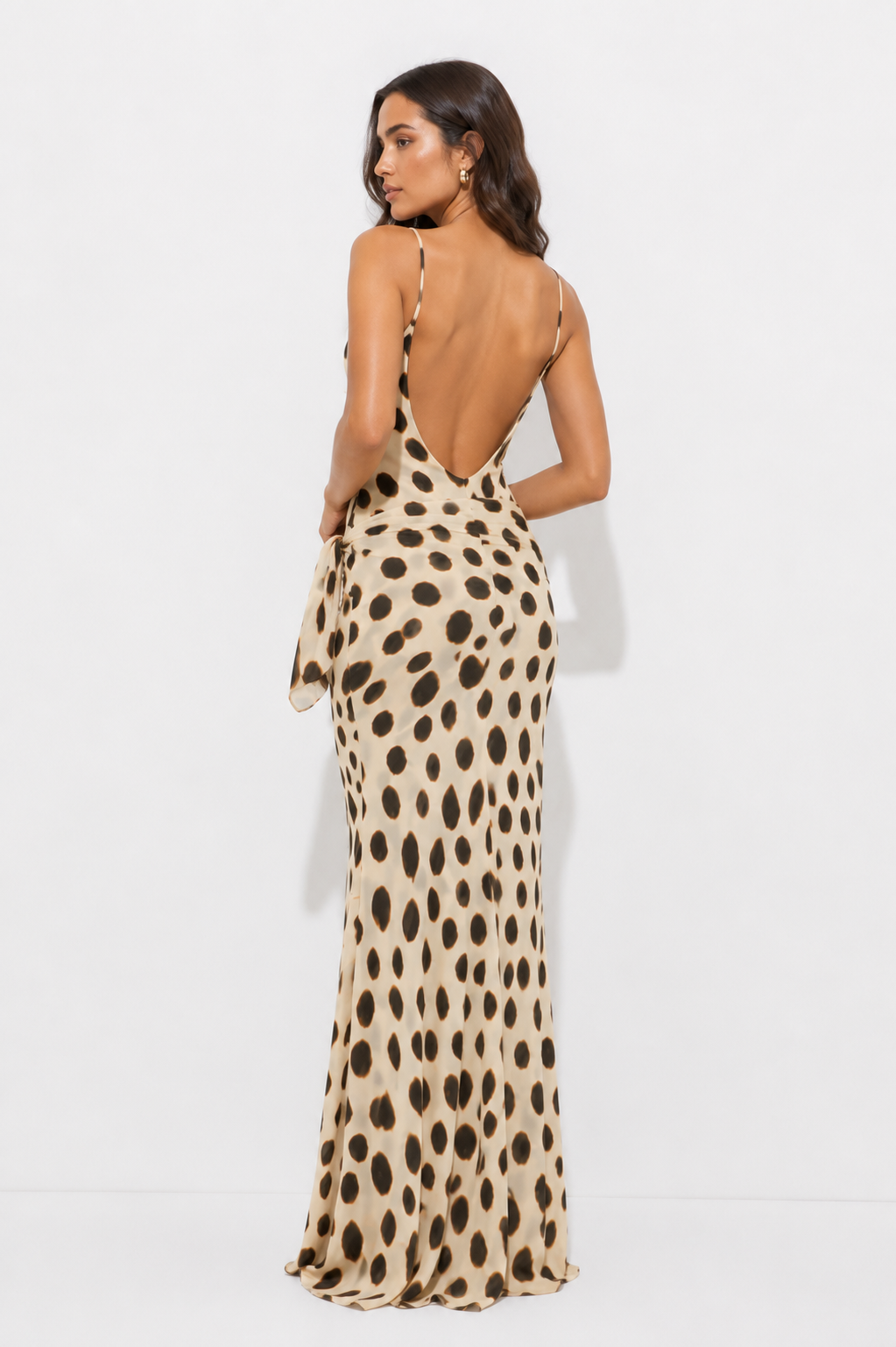 Polka Dot Cami Maxi Dress with Ruffle Trim and Asymmetric Drape